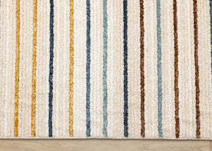 HomeRoots 5' Striped Area Rug in Cream, Blue, and Red – Durable, Stain-Resistant Design for Modern Interiors 8' X 11' 661407