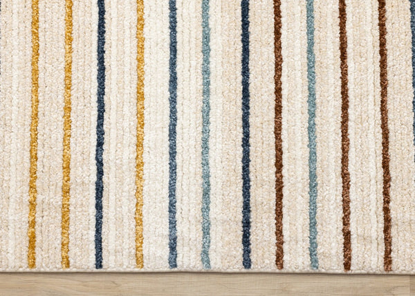 HomeRoots 5' Striped Area Rug in Cream, Blue, and Red – Durable, Stain-Resistant Design for Modern Interiors 8' X 11' 661407