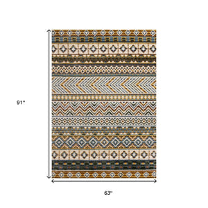 HomeRoots 5' Cream Blue and Brown Tribal Area Rug - Durable, Stylish, Stain-Resistant Design for Modern Spaces 5' X 8' 661408