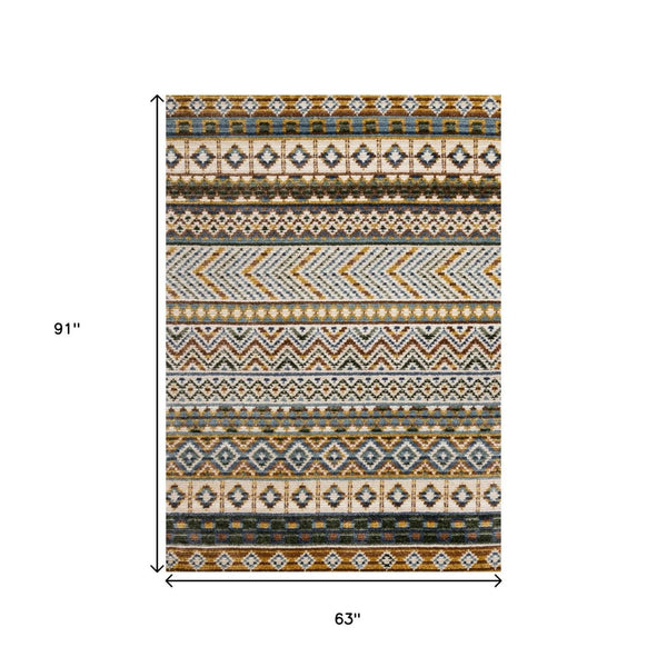 HomeRoots 5' Cream Blue and Brown Tribal Area Rug - Durable, Stylish, Stain-Resistant Design for Modern Spaces 5' X 8' 661408