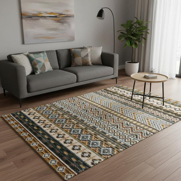 HomeRoots 5' Cream Blue and Brown Tribal Area Rug - Durable, Stylish, Stain-Resistant Design for Modern Spaces 5' X 8' 661408