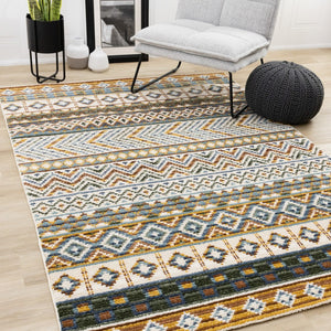 HomeRoots 5' Cream Blue and Brown Tribal Area Rug - Durable, Stylish, Stain-Resistant Design for Modern Spaces 5' X 8' 661408