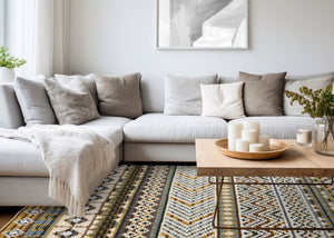 HomeRoots 5' Cream Blue and Brown Tribal Area Rug - Durable, Stylish, Stain-Resistant Design for Modern Spaces 5' X 8' 661408