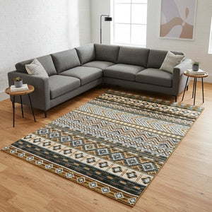 HomeRoots 5' Cream Blue and Brown Tribal Area Rug - Durable, Stylish, Stain-Resistant Design for Modern Spaces 8' X 11' 661409
