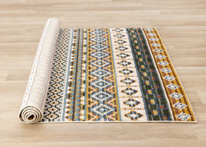 HomeRoots 5' Cream Blue and Brown Tribal Area Rug - Durable, Stylish, Stain-Resistant Design for Modern Spaces 8' X 11' 661409