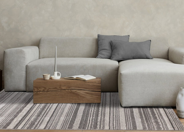 HomeRoots 5' Gray and White Striped Area Rug - Modern, Soft and Stain-Resistant for Living Rooms and More 5' X 8' 661410