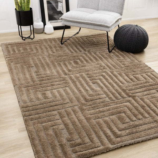 HomeRoots 5' Modern Dark Brown Geometric Area Rug - Plush, Durable, Stain-Resistant Design for Cozy Spaces 5' X 8' 661412