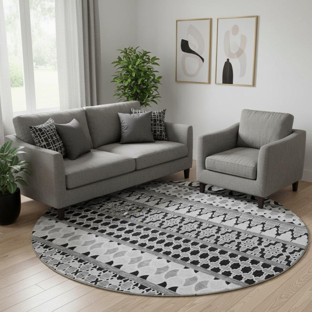 HomeRoots 8' Black And Ivory Ikat Round Rug - Washable, UV Protected, Durable for High-Traffic Homes & Style 661422