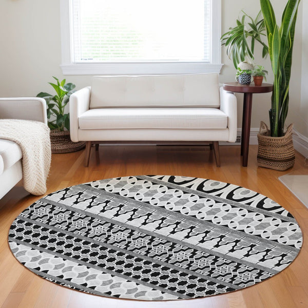 HomeRoots 8' Black And Ivory Ikat Round Rug - Washable, UV Protected, Durable for High-Traffic Homes & Style 661422