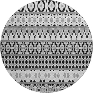 HomeRoots 8' Black And Ivory Ikat Round Rug - Washable, UV Protected, Durable for High-Traffic Homes & Style 661422