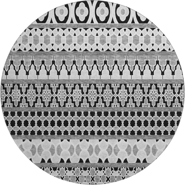 HomeRoots 8' Black And Ivory Ikat Round Rug - Washable, UV Protected, Durable for High-Traffic Homes & Style 661422