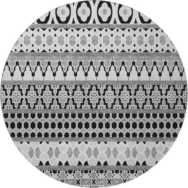 HomeRoots 8' Black And Ivory Ikat Round Rug - Washable, UV Protected, Durable for High-Traffic Homes & Style 661422