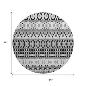 HomeRoots 8' Black And Ivory Ikat Round Rug - Washable, UV Protected, Durable for High-Traffic Homes & Style 661422