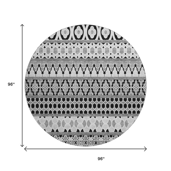 HomeRoots 8' Black And Ivory Ikat Round Rug - Washable, UV Protected, Durable for High-Traffic Homes & Style 661422