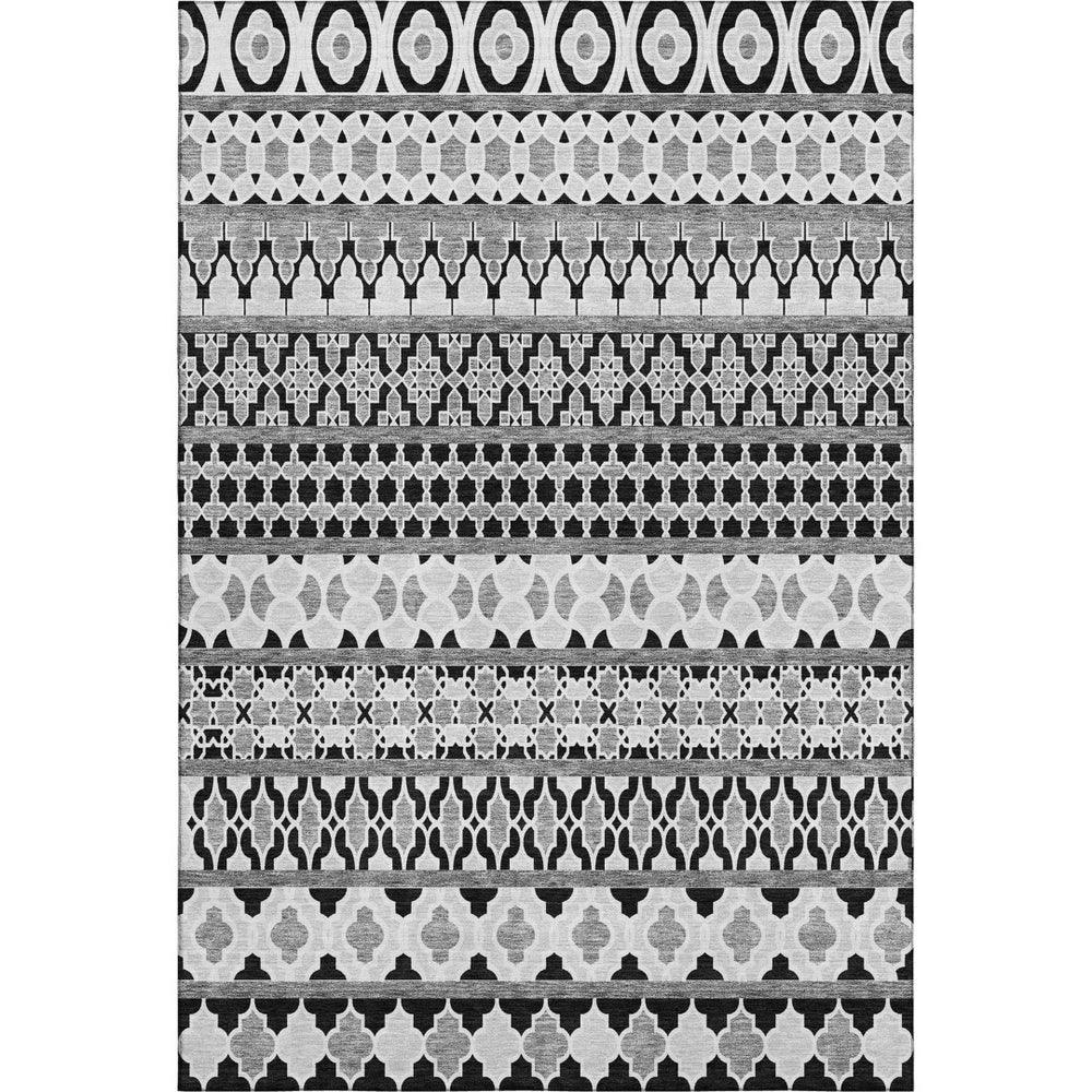HomeRoots 8' X 10' Ikat Washable Area Rug - Stylish Black & Ivory Design with UV Protection for Busy Homes 661423