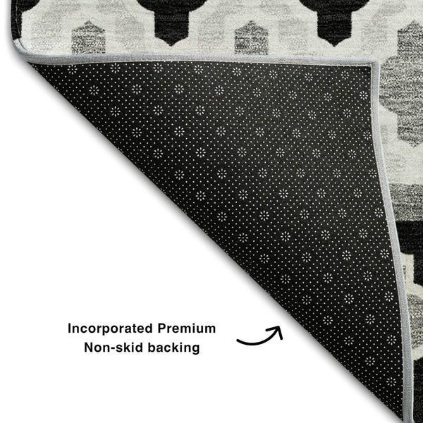 HomeRoots 8' X 10' Ikat Washable Area Rug - Stylish Black & Ivory Design with UV Protection for Busy Homes 661423
