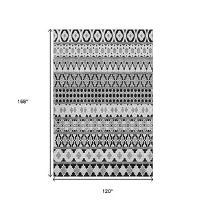 HomeRoots 10' X 14' Ikat Area Rug in Black and Ivory - Washable, UV-Protected, Stain-Resistant for Durability! 661425