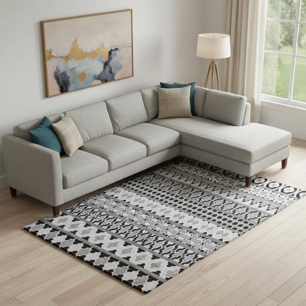 HomeRoots 10' X 14' Ikat Area Rug in Black and Ivory - Washable, UV-Protected, Stain-Resistant for Durability! 661425