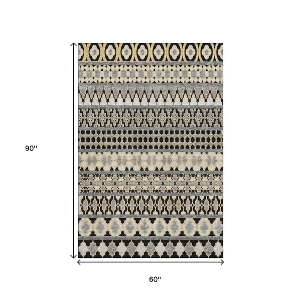 HomeRoots 5' X 8' Modern Charcoal Ivory Copper Ikat Area Rug - Washable, UV Protected, Stain Resistant Design! 661433