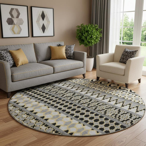 HomeRoots 8' Charcoal Ivory and Copper Ikat Round Rug - Washable, UV Protected, Perfect for Any Space! 661434