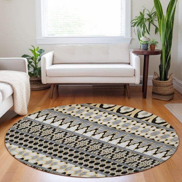 HomeRoots 8' Charcoal Ivory and Copper Ikat Round Rug - Washable, UV Protected, Perfect for Any Space! 661434