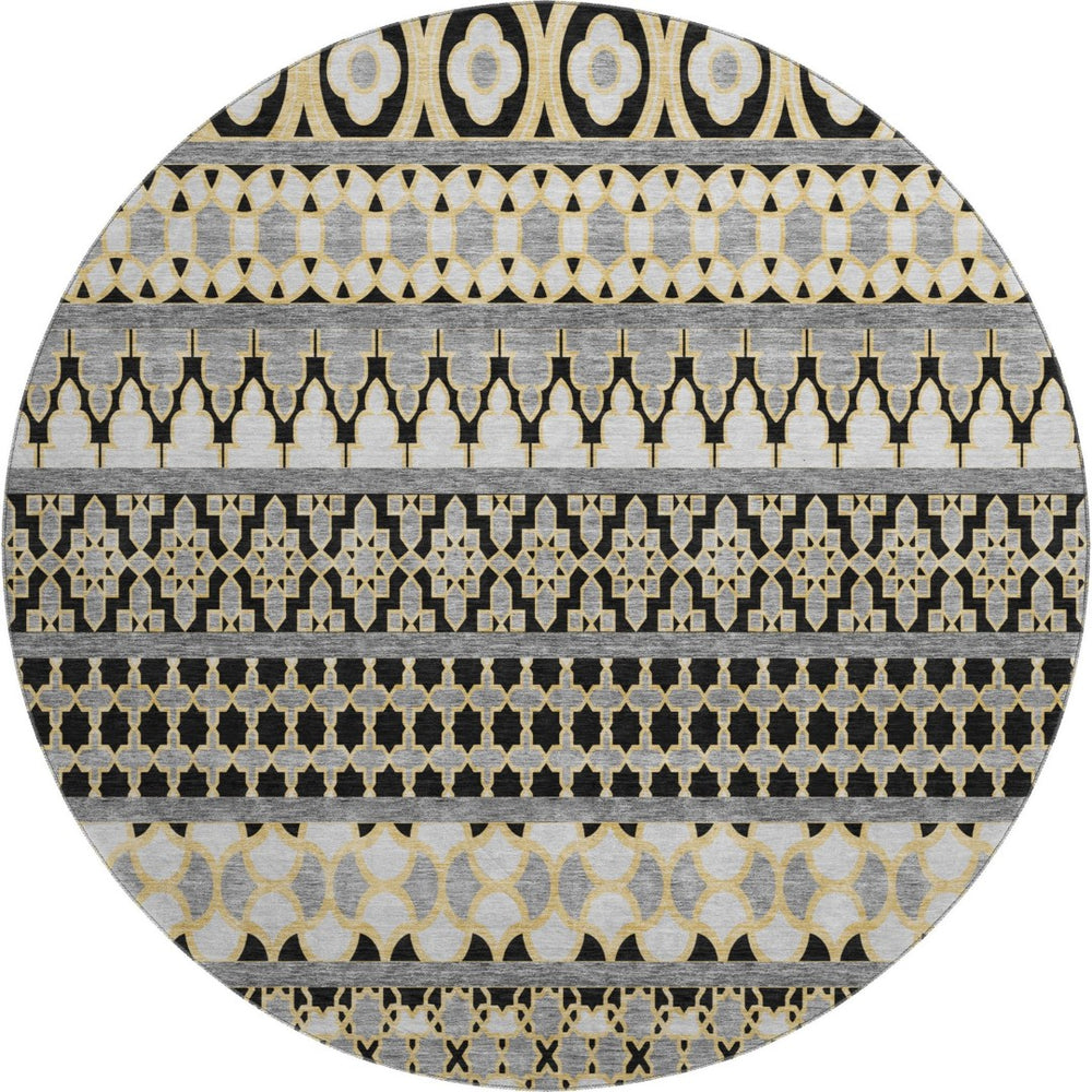 HomeRoots 8' Charcoal Ivory and Copper Ikat Round Rug - Washable, UV Protected, Perfect for Any Space! 661434