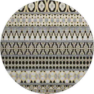 HomeRoots 8' Charcoal Ivory and Copper Ikat Round Rug - Washable, UV Protected, Perfect for Any Space! 661434