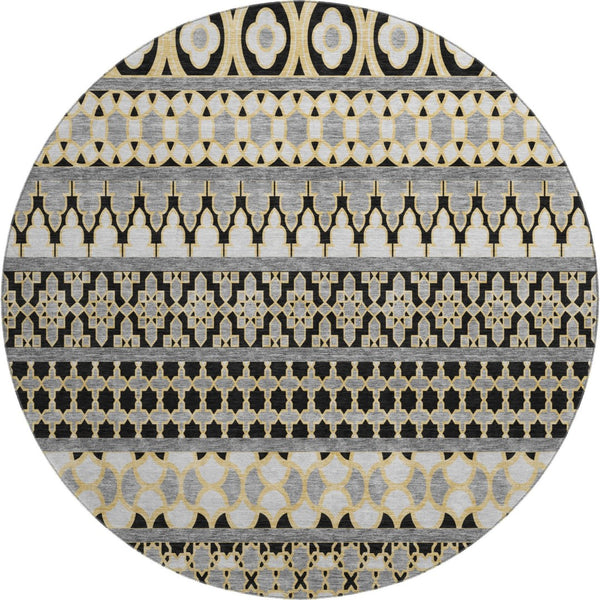 HomeRoots 8' Charcoal Ivory and Copper Ikat Round Rug - Washable, UV Protected, Perfect for Any Space! 661434