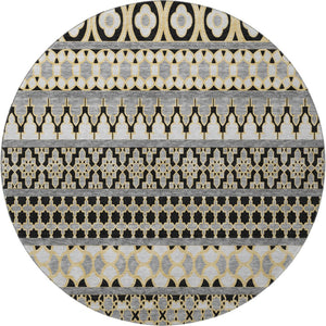 HomeRoots 8' Charcoal Ivory and Copper Ikat Round Rug - Washable, UV Protected, Perfect for Any Space! 661434
