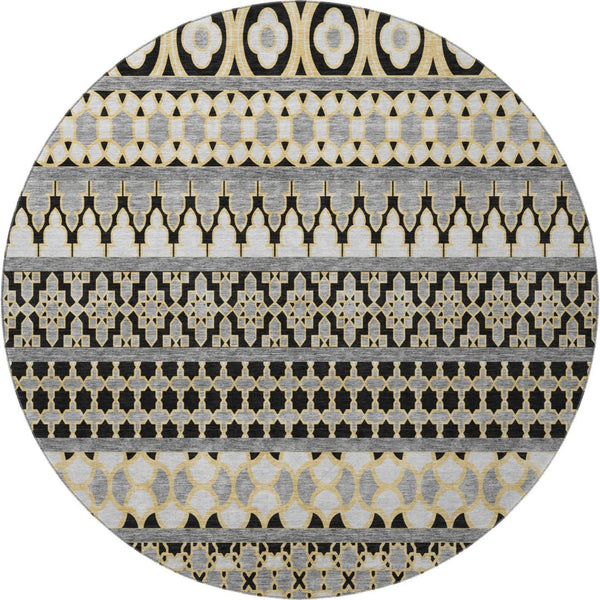 HomeRoots 8' Charcoal Ivory and Copper Ikat Round Rug - Washable, UV Protected, Perfect for Any Space! 661434