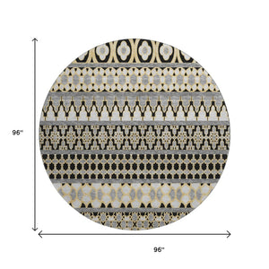 HomeRoots 8' Charcoal Ivory and Copper Ikat Round Rug - Washable, UV Protected, Perfect for Any Space! 661434