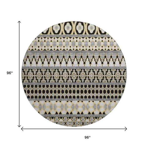 HomeRoots 8' Charcoal Ivory and Copper Ikat Round Rug - Washable, UV Protected, Perfect for Any Space! 661434