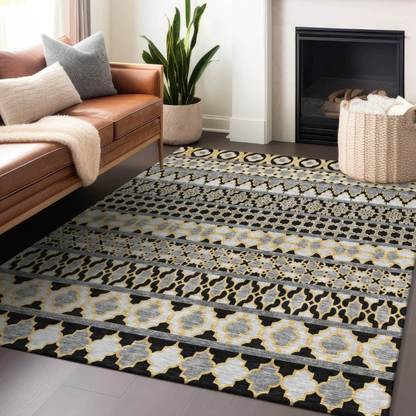 HomeRoots 8' X 10' Washable Area Rug in Charcoal, Ivory, & Copper - Stylish, Durable, UV-Protected Design! 661435