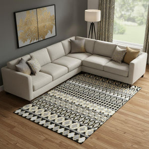 HomeRoots 9' X 12' Ikat Area Rug in Charcoal, Ivory & Copper – Durable, UV-Protected, Stain-Resistant Design! 661436