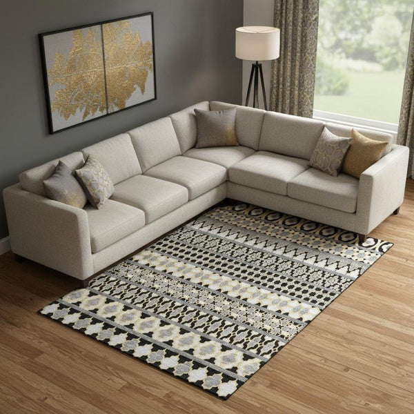HomeRoots 9' X 12' Ikat Area Rug in Charcoal, Ivory & Copper – Durable, UV-Protected, Stain-Resistant Design! 661436