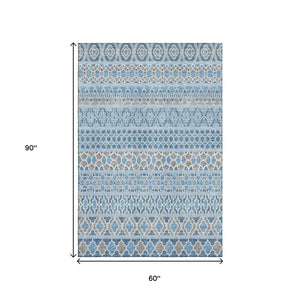 HomeRoots 5' X 8' Stylish Sky Blue Gray Ivory Ikat Area Rug - Washable, UV Protected & Perfect for Homes 661469