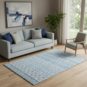 HomeRoots 5' X 8' Stylish Sky Blue Gray Ivory Ikat Area Rug - Washable, UV Protected & Perfect for Homes 661469