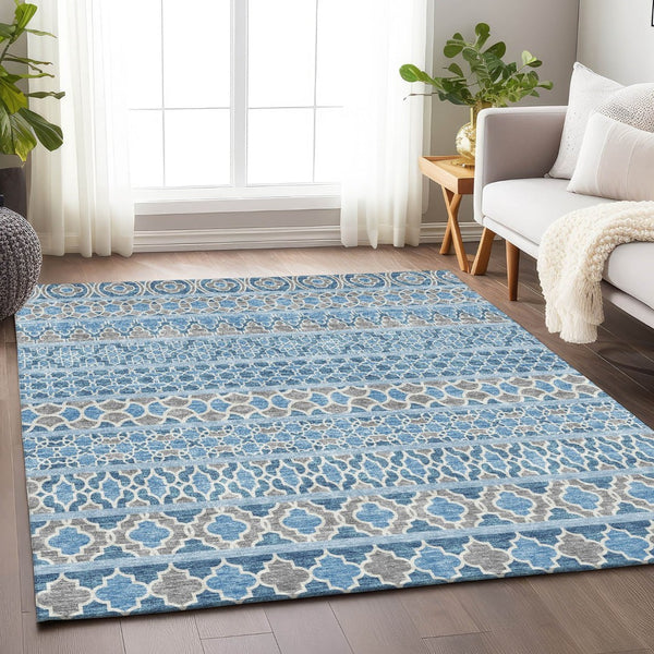 HomeRoots 5' X 8' Stylish Sky Blue Gray Ivory Ikat Area Rug - Washable, UV Protected & Perfect for Homes 661469