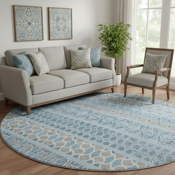 HomeRoots 8' Stylish Sky Blue Gray Ivory Ikat Washable Round Rug with UV Protection for High-Traffic Areas 661470