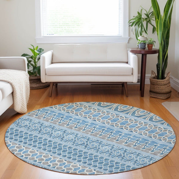 HomeRoots 8' Stylish Sky Blue Gray Ivory Ikat Washable Round Rug with UV Protection for High-Traffic Areas 661470