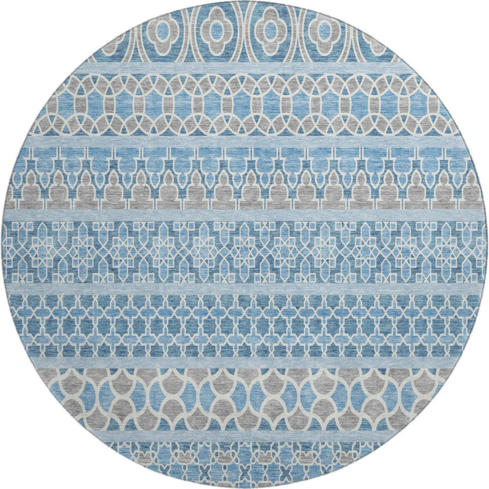 HomeRoots 8' Stylish Sky Blue Gray Ivory Ikat Washable Round Rug with UV Protection for High-Traffic Areas 661470
