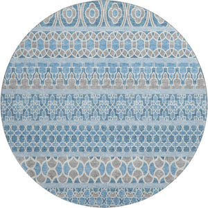 HomeRoots 8' Stylish Sky Blue Gray Ivory Ikat Washable Round Rug with UV Protection for High-Traffic Areas 661470
