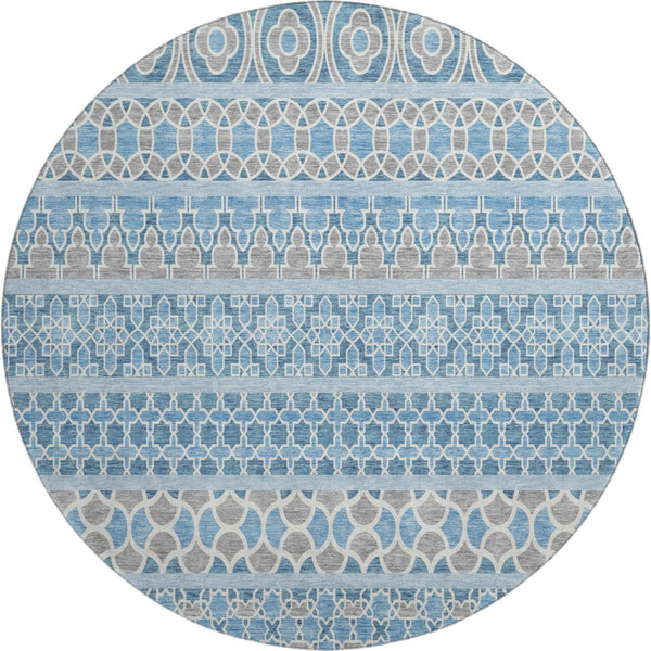 HomeRoots 8' Stylish Sky Blue Gray Ivory Ikat Washable Round Rug with UV Protection for High-Traffic Areas 661470