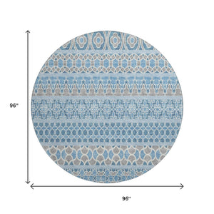 HomeRoots 8' Stylish Sky Blue Gray Ivory Ikat Washable Round Rug with UV Protection for High-Traffic Areas 661470