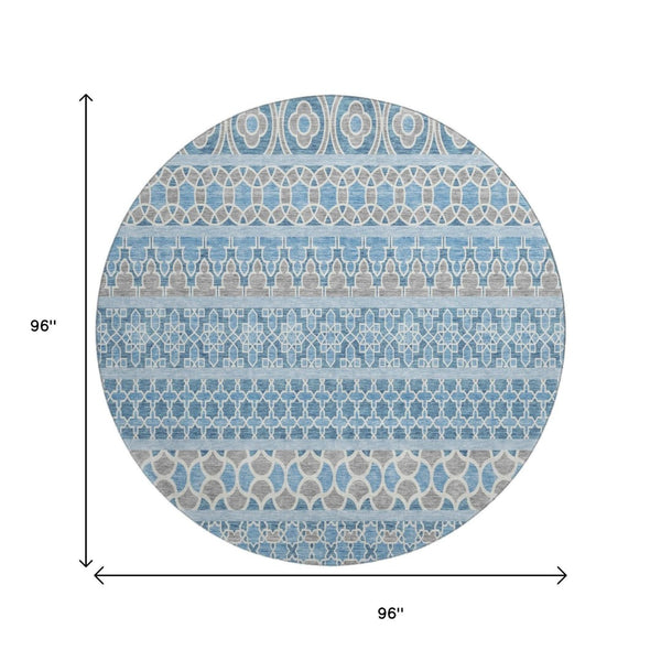 HomeRoots 8' Stylish Sky Blue Gray Ivory Ikat Washable Round Rug with UV Protection for High-Traffic Areas 661470