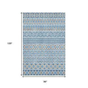 HomeRoots 8' X 10' Stylish Sky Blue, Gray & Ivory Ikat Washable Area Rug with UV Protection & Stain Resistance 661471
