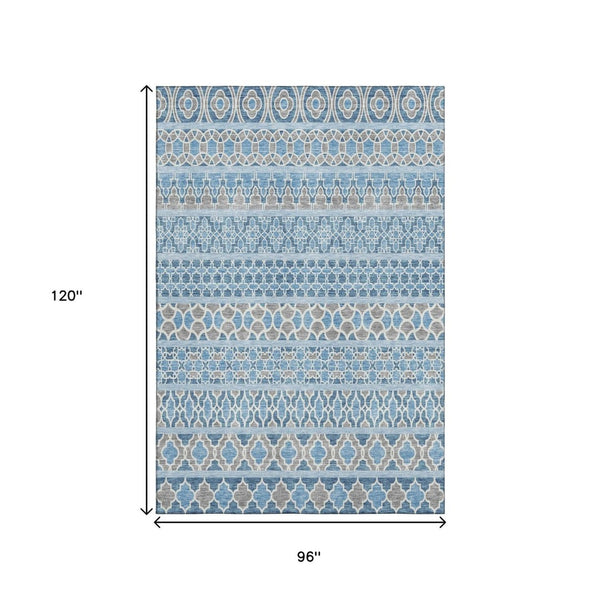 HomeRoots 8' X 10' Stylish Sky Blue, Gray & Ivory Ikat Washable Area Rug with UV Protection & Stain Resistance 661471