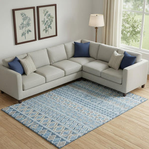 HomeRoots 8' X 10' Stylish Sky Blue, Gray & Ivory Ikat Washable Area Rug with UV Protection & Stain Resistance 661471
