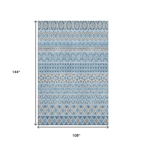 HomeRoots 9' X 12' Sky Blue Gray Ivory Ikat Area Rug - Washable, UV-Protected, Stylish & Durable for Homes 661472