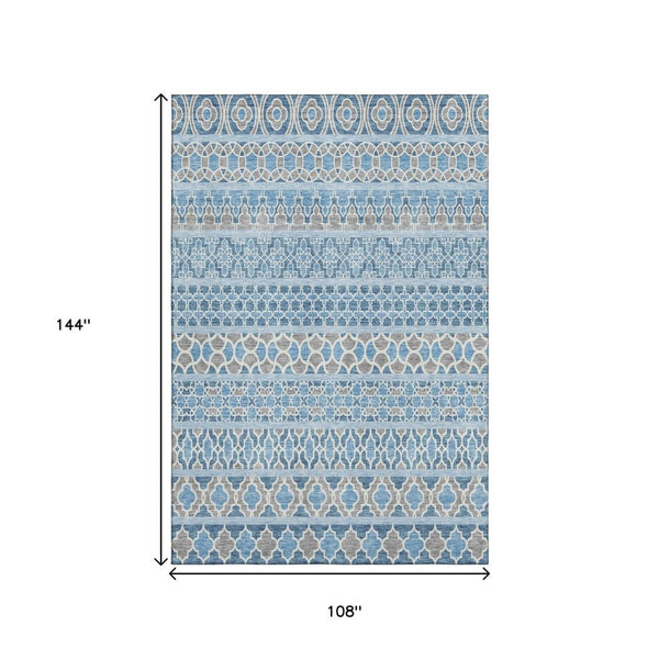 HomeRoots 9' X 12' Sky Blue Gray Ivory Ikat Area Rug - Washable, UV-Protected, Stylish & Durable for Homes 661472